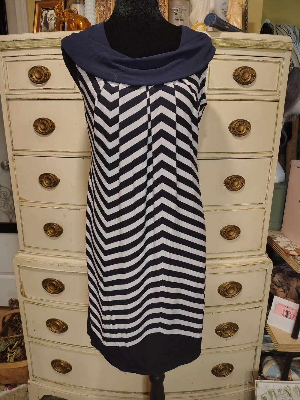 Enfocus Studio Navy and White Chevron Midi Dress with Draped Cowl